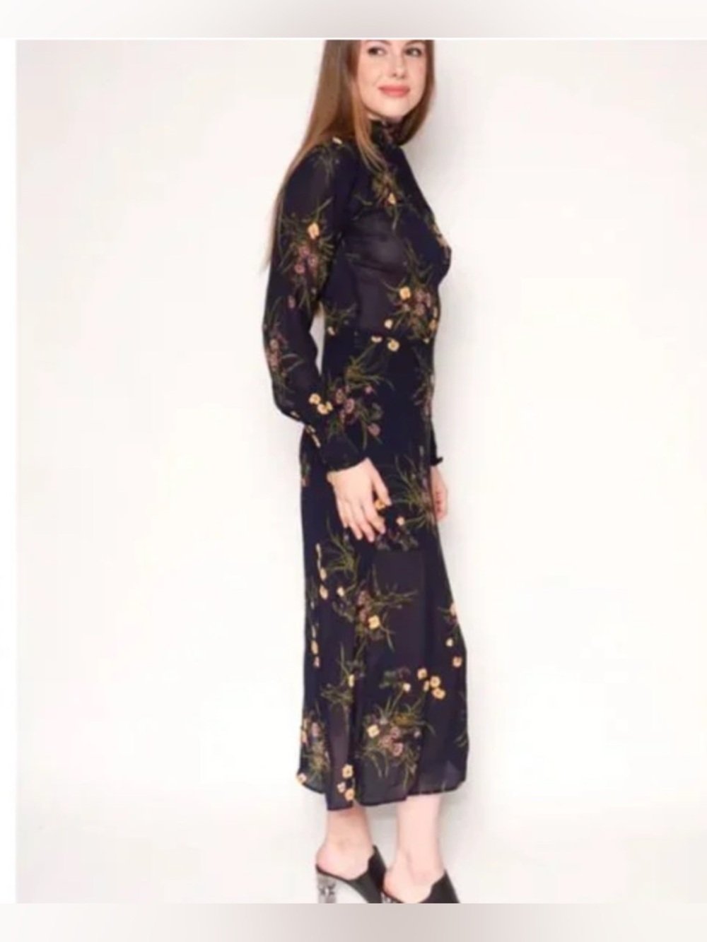 Reformation Valentin Dress in Anastasia - Black Green Floral long sleeve SIZE 0 - Picture 3 of 11